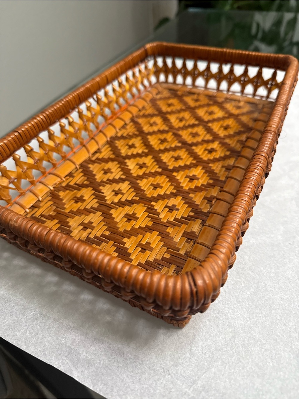 Vintage Handwoven Rectangular Wicker Tray - Two-Tone Brown